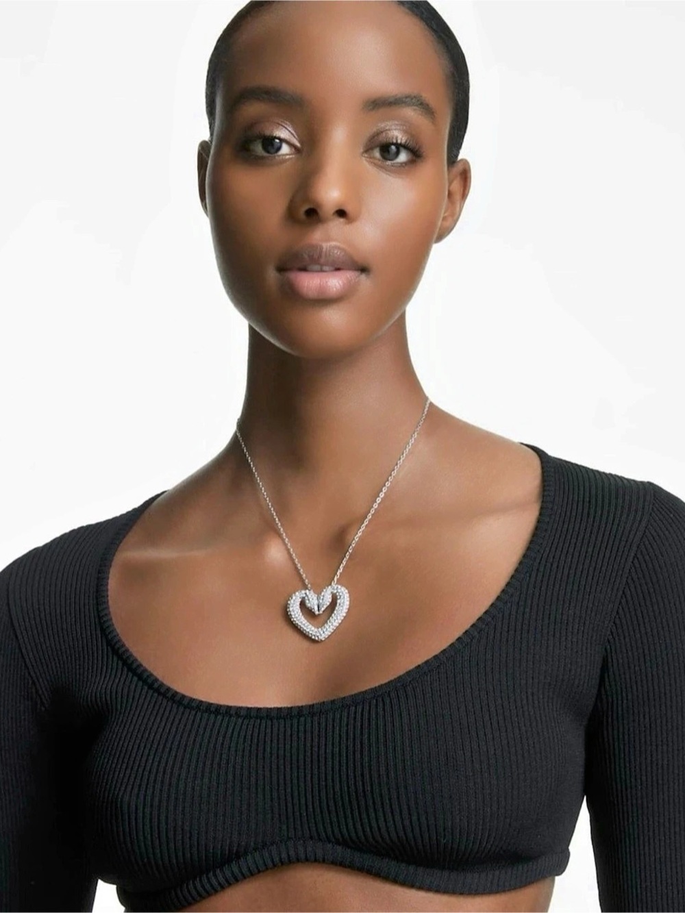 Swarovski Una Pendant, Heart, White, Rhodium Plated Necklace Silver